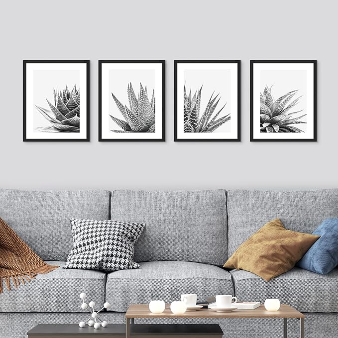 SIGNWIN Framed Black White Snake Plant Agave Cactus Succulent Wall Art, Set of 4 Floral Botanical Wall Decor Prints, Nature Wilderness Wall Décor for Living Room, Bedroom - 11"x14" Black