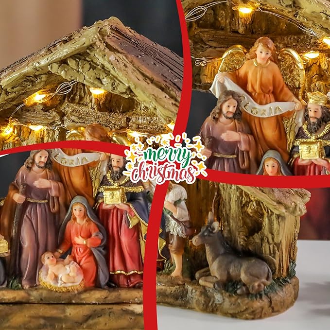Bdor Nativity Scene Christmas Decoration, 11.4x3.5x7 Inch Lighted Jesus Birth Display, Holy Family Christmas Tabletop Decoration, Electric Manger Scene with LED Lights