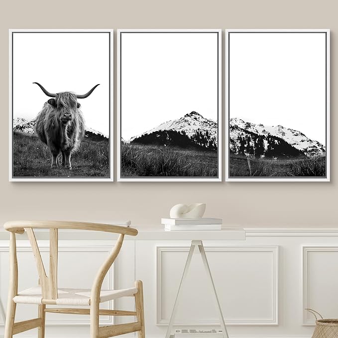 SIGNWIN 3 Piece Framed Canvas Wall Art Highland Cattle in Front of Snowy Mountain Duotone Black and White Canvas Prints Home Artwork Decoration for Living Room,Bedroom - 24"x36"x3 White