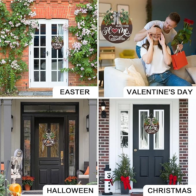 Interchangeable Seasonal Welcome Sign for Front Door, Rustic Round Wood Wreath Wall Hanging Decorations, for Spring Summer Fall Winter All Holiday Halloween Christmas Farmhouse Outdoor Home Decor