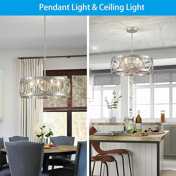 XINGQI 6-Light Modern Farmhouse Chandelier Brushed Nickel, 21.7'' Drum Ceiling Light Fixture for Living Dining Room Over Table with Round Metal Shade Pendant Lighting