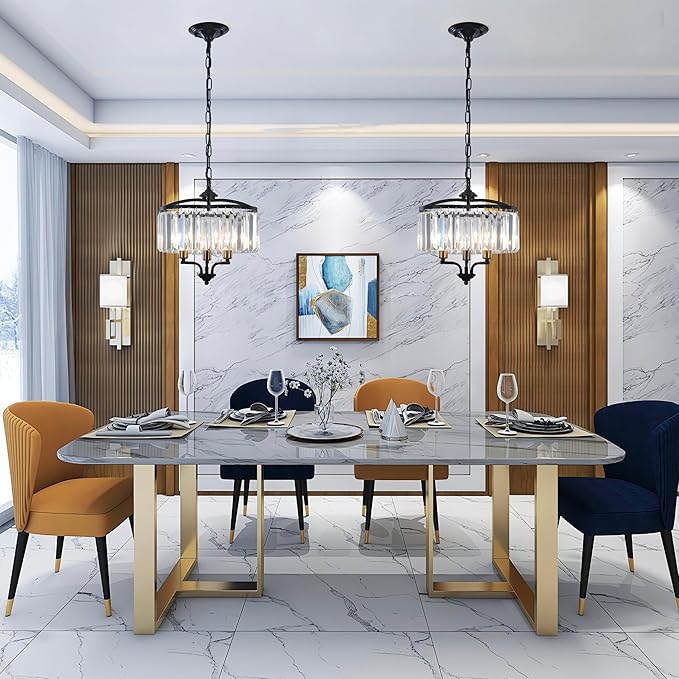 Modern Crystal Chandelier Dining Room Black Gold Farmhouse Glass Pendant Light Fixture 3 Light Adjustable Hanging for Kitchen Island Foyer Bedroom Living Room Hallway