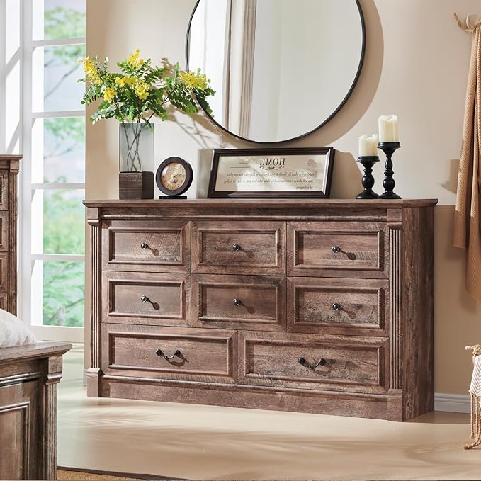 8 Drawers Dresser for Bedroom, Farmhouse 61" Wide Dressers & Chests of Drawers w/Roman Column, Large Storage Dressers Organizer w/Two Different Drawer Sizes for Bedroom,Living Room,Light Brown