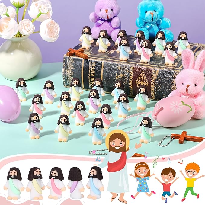 Bememo 100 Pcs Jesus Toys Original Design Mini Rubber Little Jesus Figurine to Hide and Seek Religious Party Favors Sunday School Craft Baptism Gifts for Easter Egg Stuffers (Macaron Color)