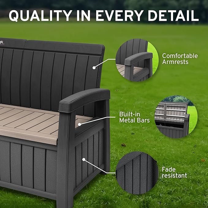 EconoHome 3 Seat Outdoor Storage Bench - 90 Gallon Capacity - Weatherproof Resin Bench for Patio, Porch, Garden, Yard, Pool Area - Furniture for Pool Accessories, Gardening Tools, Toys