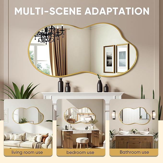 Suidia Irregular Wall Mirror, 55"x28" Bathroom Mirror Asymmetrical Mirrors Artistic Mirrors Decorative for Living Room Bedroom Bathroom Hallway Entryway, Gold, Cloud Style