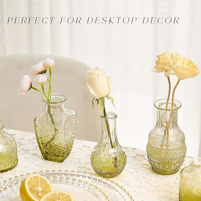 Glass Bud Vase Set of 16, Small Flower Vases, Glass Vases for Centerpieces, Vintage Home Table Decorations Bud Vases (16 Pcs, Green)