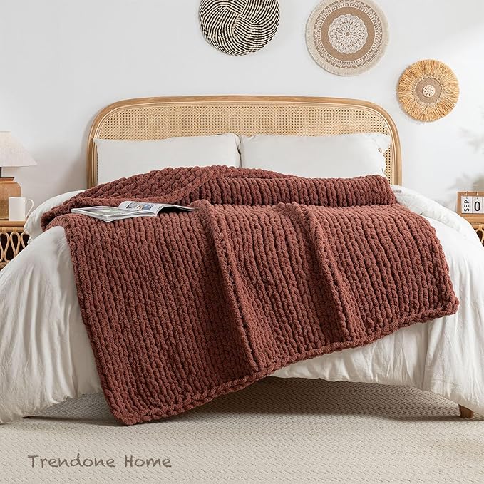 Chunky Knit Blanket Throw, 100% Hand Knit Throw Blanket Handmade Chenille Cable Knit Throw for Couch, Stylish Cozy Soft Rope Knot Crochet Blanket for Home Decor, Copper Brown, 40x50 Inches