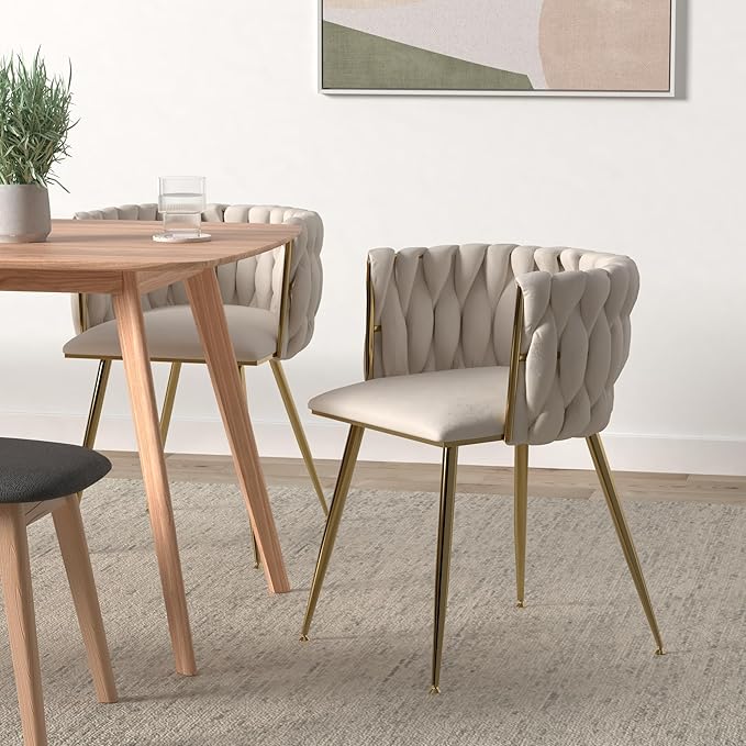 Nrizc Woven Dining Chairs Set of 6, Velvet Upholstered Dining Chairs with Gold Metal Legs, Modern Accent Chairs for Living Room, Dining Room, Kitchen (Beige)