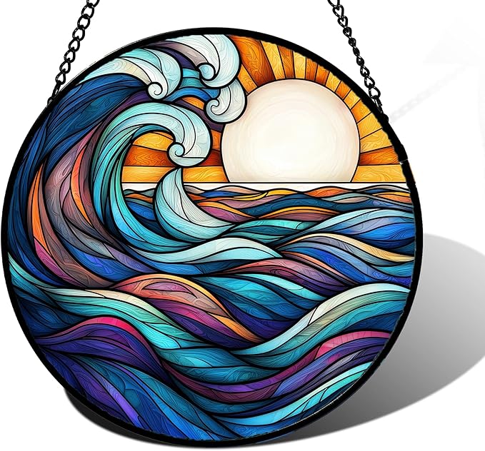 Stained Glass Window Hanging, Big Wave Sun Suncatcher Diamond Glass Panel Hangings Abstract Sun Catchers Decor for Birthday for Women, Men, Wife, Aunt, and Mom 9.8 in