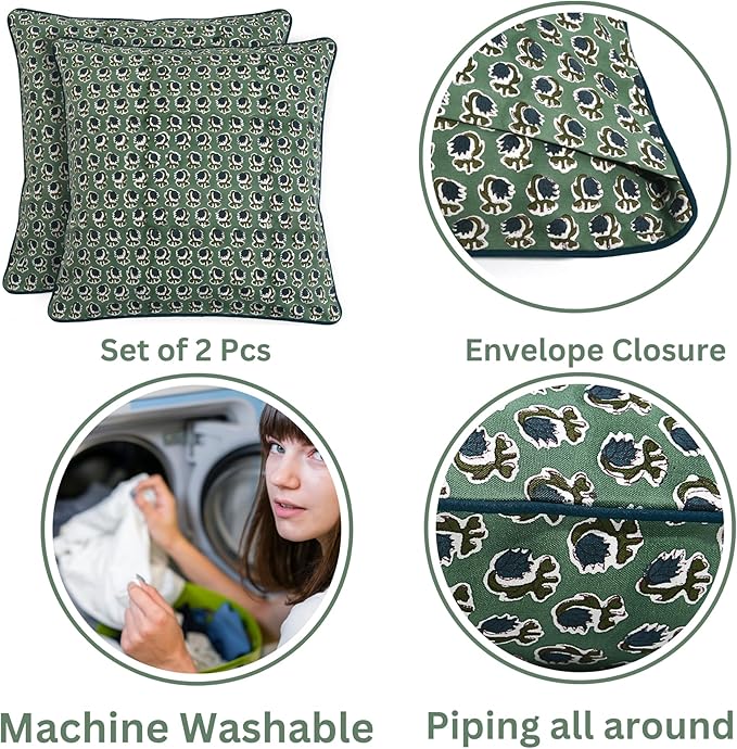 Ridhi Basil Green Block Print Cotton Canvas Throw Pillow Covers for Decorative Couch Pillows for Living Room, Chic Boho Cute Outdoor Valentine Pillows Covers Gifts 16x16 Inches