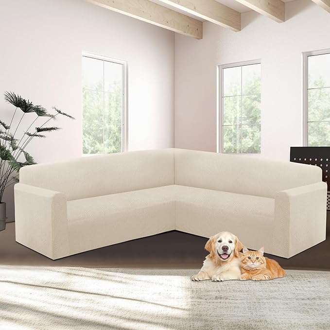 HDCAXKJ Sectional Couch Cover L Shape Stretch Sofa Covers Washable Jacquard Corner Couch Slipcover Non Slip Sectional Slip Cover U Shaped Furniture Protector for Pets Dogs (Light Beige, X-Large)