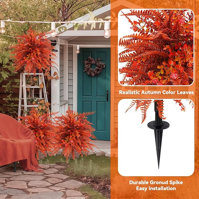 Artificial Topiary Ball Trees with Ground Spikes UV Resistant Faux Greenery Shrubs Fake Shrubs for Outdoors, Realistic Faux Plants Bushes for Garden Porch Yard Patio Decor (Orange Fern)