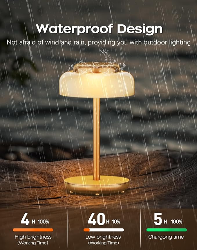 QiMH Battery Operated LED Table Lamp, 5000mAh Rechargeable Cordless Lamp Set of 2, Stepless Dimmable Touch Control, Small Waterproof Desk Night Light for Living Room, Bedroom, Outdoor Bar (Gold)