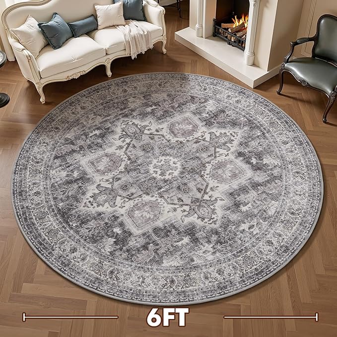 6 ft Round Rugs for Living Room Bedroom Rug Circle Area Rug for Dining Room Table Throw Vintage Circular Rugs Washable Soft Comfortable Grey