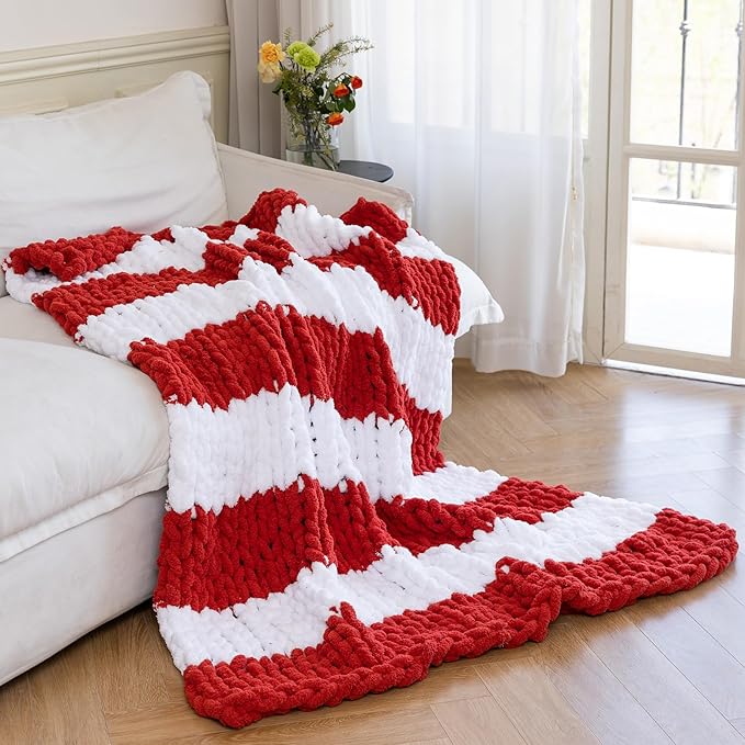 Chunky Knit Blanket - Luxury Soft Cozy 50 * 60 Throw Blanket,100% Woven Blanket Rope Knot Throw Blanket for Couch, Sofa, Home Decor, Gift - Machine Washable（White/Wine red）