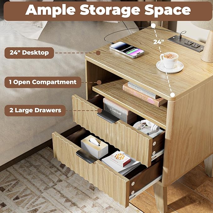 Nightstand Set of 2 with Charging Station, Modern Fluted 2 Drawers End Tables, Side Tables with Storage Shelf for Bedroom, Office, Natural Oak