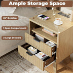Nightstand Set of 2 with Charging Station, Modern Fluted 2 Drawers End Tables, Side Tables with Storage Shelf for Bedroom, Office, Natural Oak