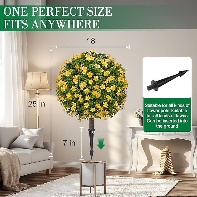 25" Artificial Boxwood Topiary Ball Fall Autumn Tree with Yellow Flowers，Fake Mums Plants with Ground Spike，Set of 2 UV Resistant Faux Bushes, Faux Shrubs for Garden, Patio, Porch, Yard, Indoor