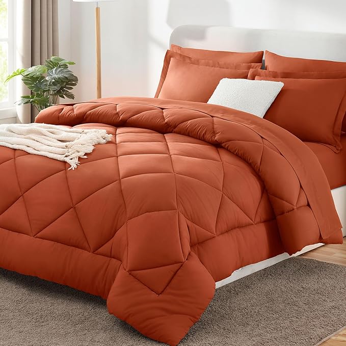 CozyLux Queen Comforter Set Burnt Orange - Bed in a Bag Queen Size 7 Pieces, Luxury Soft Bed Set for All Seasons, Bedding Set with Down Alternative Comforter, Sheets, Pillowcases & Shams, Terracotta