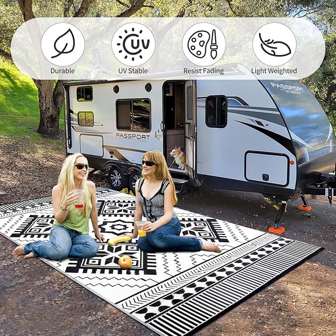 Waterproof Outdoor Rug 8x10ft, Boho Reversible Plastic Straw Mat for Patio RV Deck Porch Backyard Balcony Camping Picnic Beach Indoor Outdoor Carpet, Black&White
