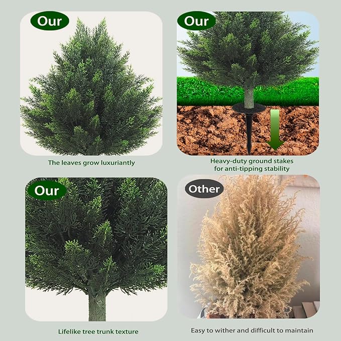 R's Ceder Artificial Topiary Cedar Tree 32 inch Faux Little Bush Cedar Tree UV Resistant Shrub Potted Artificial Plant for Outdoor Indoor Front Porch Garden (2 Pack)