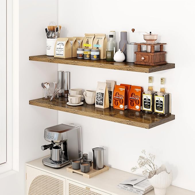 Dreamland 48" Floating Shelves for Wall, 12" Deep Slim Rustic Brown Floating Shelves, Wall-Mounted Shelves for Bedroom, Living Room, Kitchen, Bathroom - Set of 2