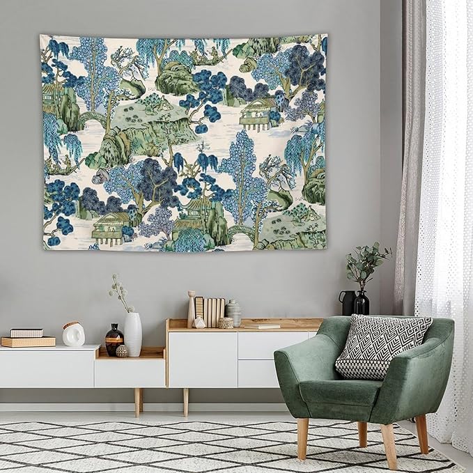 Chinoiserie Tapestry,Asian Watercolor Abstract Art Tapestry,Asian Japanese Wall Tapestry, Nature Landscape Tapestries for Bedroom Living Room Decor 80"x60"