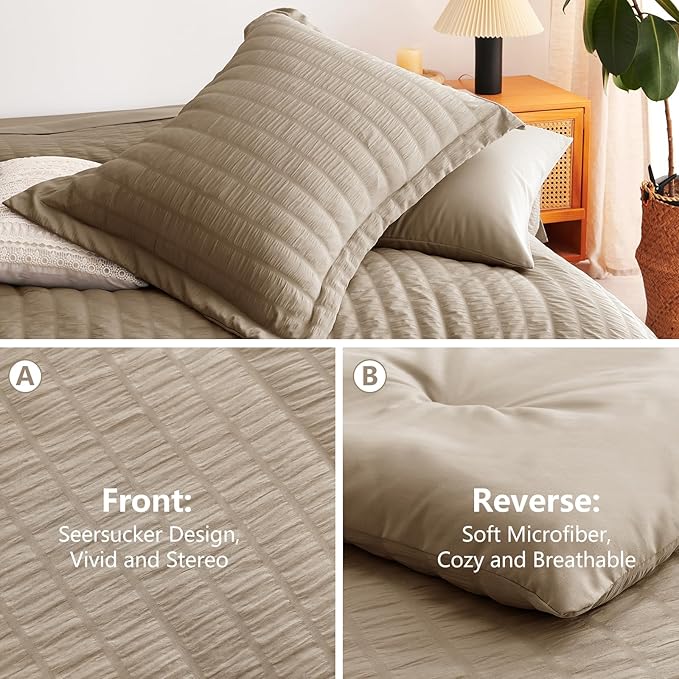 CozyLux Queen Comforter Set Taupe Seersucker 7 Pieces Bed in a Bag Queen Comforter Set with Sheets, Luxury Soft Bedding Set with Down Alternative Comforter, Sheets, Pillowcases & Shams for All Seasons