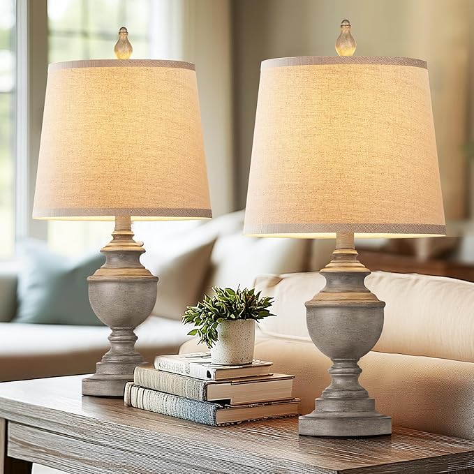 PARTPHONER Retro Table Lamps Set of 2, Bedside Lamp for Bedroom Rustic Farmhouse Table Lamps for Living Room, 22" Vintage Nightstand Lamps with White Shades, Antique Grey
