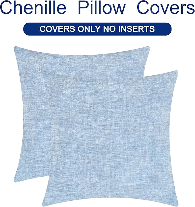 CaliTime Throw Pillow Covers Decorative 24 X 24 Inches Pack of 2 Cozy Chenille Cushion Cases for Couch Sofa Bed Living Room Home Baby Blue