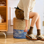 Wimarsbon Natural Seagrass Foot Stool, Hand Weaving Round Ottoman, for Living Room, Outdoor Seat (Natural & Blue)