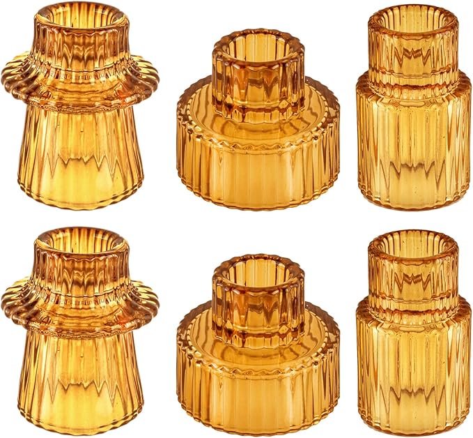 Double Sided Vintage Ribbed Taper Glass Candle Holders,Tea Candle Holder for Table Centerpieces, Wedding Decorations and Dinner Parties (Amber, 6 PCS)