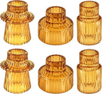 Double Sided Vintage Ribbed Taper Glass Candle Holders,Tea Candle Holder for Table Centerpieces, Wedding Decorations and Dinner Parties (Amber, 6 PCS)