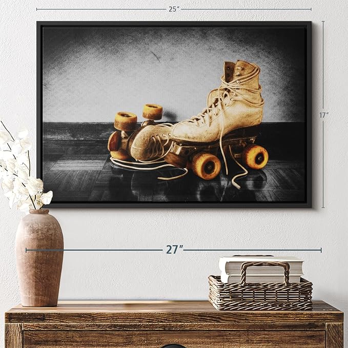 ElephantStock Vintage Skates Pop Wall Art - Horizontal Framed Canvas - 1-Piece Living Room Wall Decor - Sport Photography Canvas Print - Beige and Black Decor for Wall - 25" X 17"