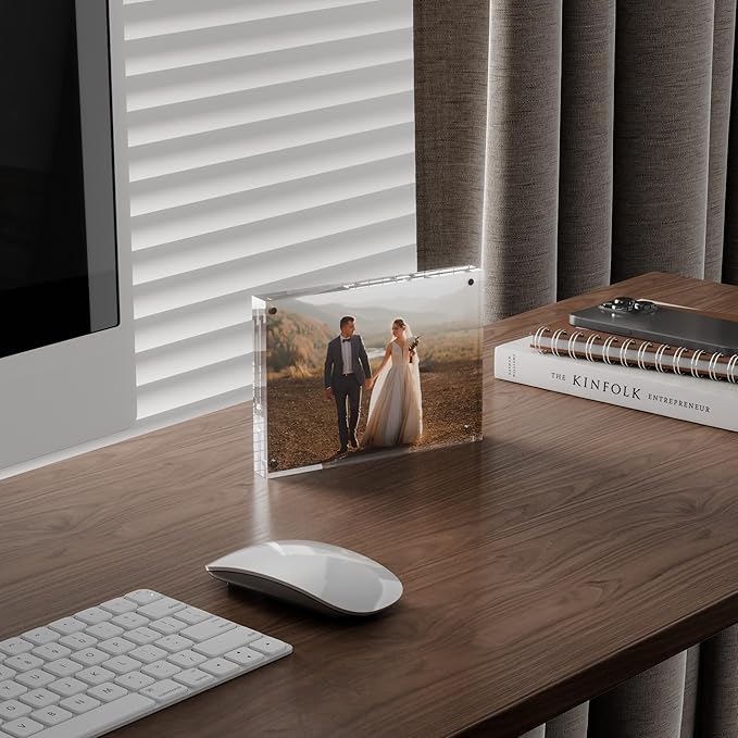 5x7 Acrylic Picture Frame 5 Pack, 20mm Thick Magnetic Double Sided Display 20% Thicker- Frameless Clear Transparent Photo Frame for Desktop/Tabletop, Self Standing with Microfiber Cloth