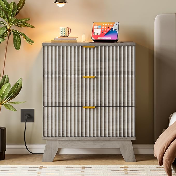 30.5" Nightstand with Charging Station, 3-Drawer Fluted Bedroom Chest, Wood Bedside Dresser with Power Outlets and USB Ports, Metal Slides, Stable Base, Modern Storage Cabinet for Small Spaces