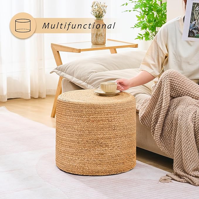 Handwoven Ottoman Pouf, Natural Water Hyacinth Footstool, Round Braided Outdoor Seat with Sturdy Frame, Boho Accent Stool for Patio, Balcony, or Garden (Natural)