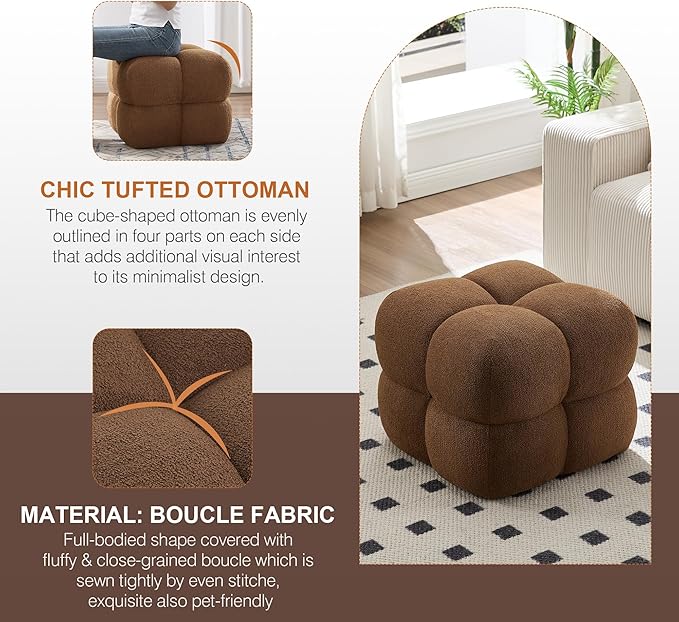 Zesthouse Square Pouf Ottoman Footstool, Modern Ottoman Coffee Table for Living Room, Poofy Boucle Stool Foot Rest, Upholstered Tufted Stool for Couch, Cube Makeup Vanity Chair Backless, Brown Reddish