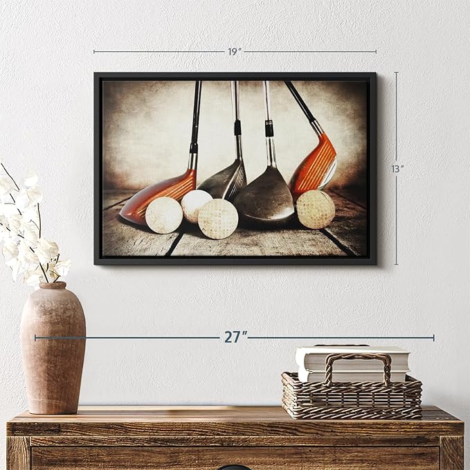 Elephant Stock Golf Sets Wall Art - Horizontal Framed Canvas - 1-Piece Mancave Wall Decor - Photography Sports Canvas Print - Yellow and Brown Decor for Wall - 19" X 13"