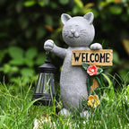 Json Garden Statue Solar Cat Figurine with Lantern, Solar Garden Decorations Statues for Patio, Balcony, Yard Ornament, Unique House Warming Gifts Figurine Lights, Gifts for Women, Mom