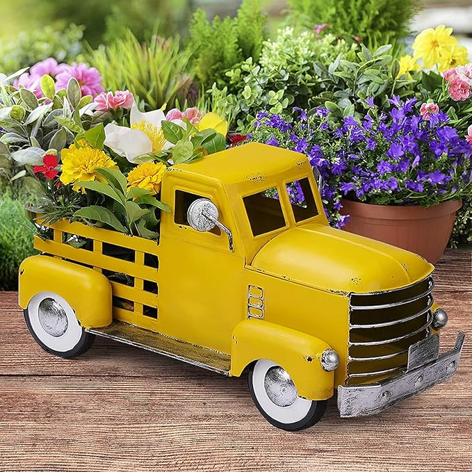 Metal Truck Decor,Farmhouse Truck Decor,Decorative Tabletop Storage & Pick-up Metal Truck Planter,12.5" x 5.75" x 6.25" inches (Yellow)
