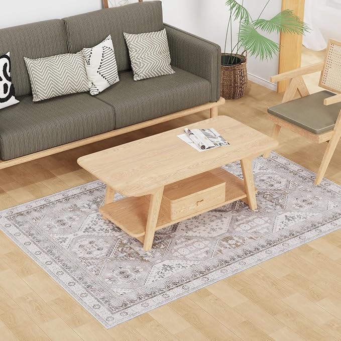 Floor Mat for Home 4×6ft, Easy Clean Plastic Rug-Like Pattern Area Mat for Living Room, Waterproof Vinyl Area Rug for Under Kitchen Table, No Slip Soft Vintage Rug for High Traffic Area (White)