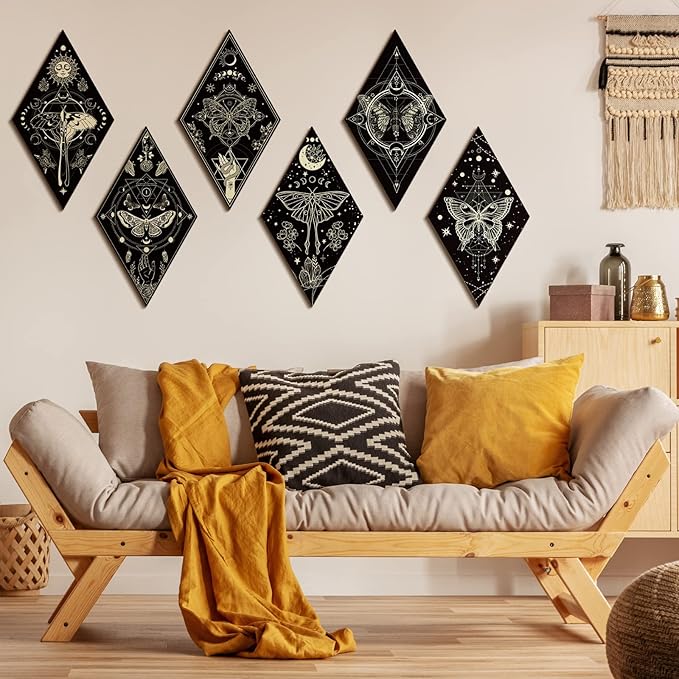 Sintuff 6 Pieces Halloween Gothic Wall Decor Boho Sun Moon Phases Wall Art Gothic Minimalist Stars Sun Hanging Wooden Home Decor Farmhouse Pediments for Gallery Living Bedroom Room(Mysterious)