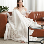 Amélie Home Faux Fur Throw Blanket for Couch, Cozy Fuzzy Fluffy Fur Luxurious Soft Striped Plush Gift Blankets for Family Sofa Chair Bed Living Room Bedroom, 55"x70", Ivory