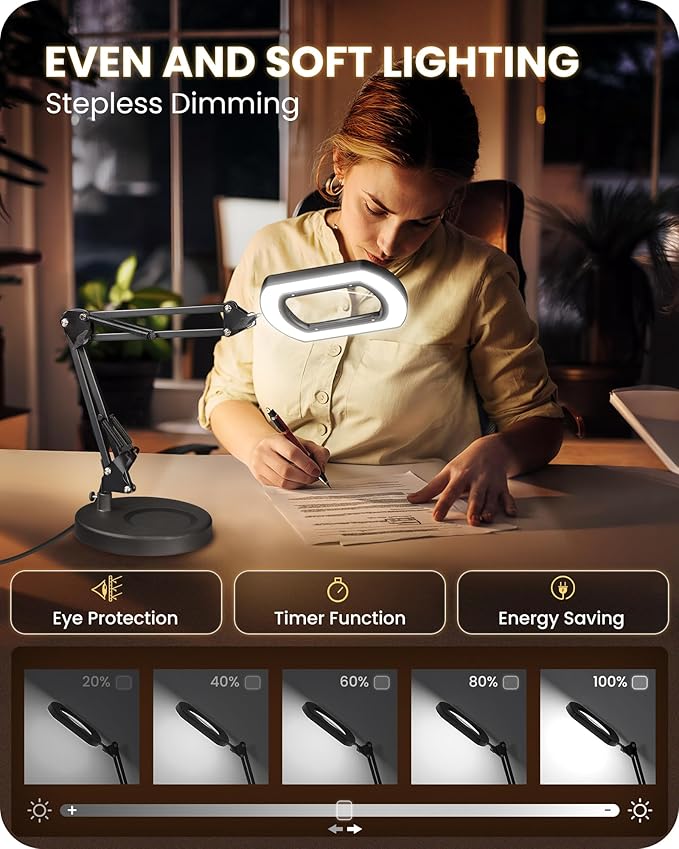 10X Round Magnifying Glass with Light and Stand, 2-in-1 LED Lighted Desk Lamp & Clamp, 5 Color Modes Stepless Dimmable, Hands-Free Magnifier Desk Lamp for Reading Craft Close Work B02DL05