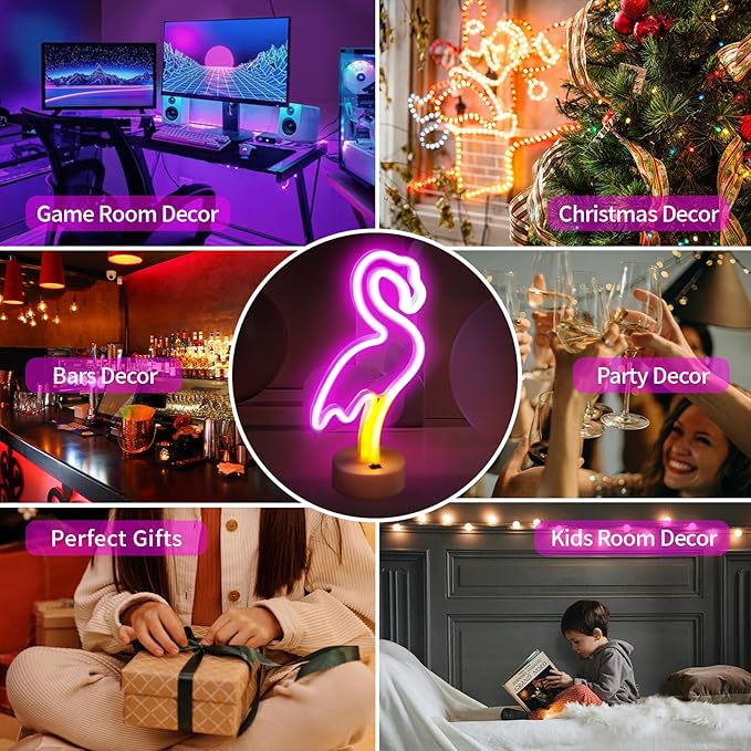 BRIGHTDECK 2 Pack Flamingo Neon Signs, LED Pink Flamingo Neon Sign Battery Operated or USB Powered Decoration Lamp, Flamingo Lights Decor for Bedroom, Wedding, Party, Pink Room Decor