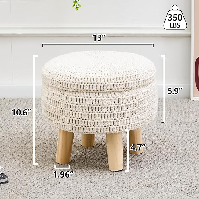Wimarsbon Pouf Ottoman, 100% Cotton Knitted Boho Footstool, Round Footrest with Non-Skid Wood Legs, Home Décor Handmade Pouffe, Leisure Floor Step Stool for Living Room (Storage Beige)