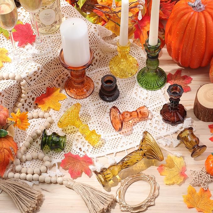 Mumufy 20 Pcs Glass Crystal Taper Candle Holders Clear Glass Candlestick Holder Fit 0.8 Inch Candles Crystal Decorative Candle Stand Centerpiece Table Wedding Dining Party(Fall Color)