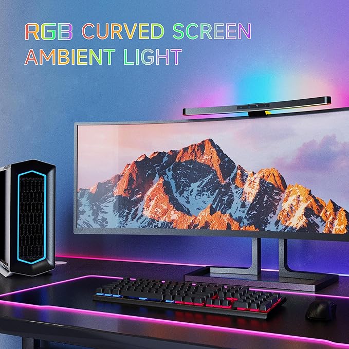 ONWAY Curved Monitor Light Bar with Wireless Remote,Monitor Light Bar with Auto-Dimming and Camera Base,Applicable to All Screens. No Screen Glare,for (RGB)